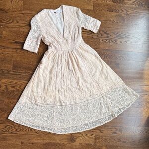 Free People V-Neck Lace Midi Dress in Taupe/Ivory